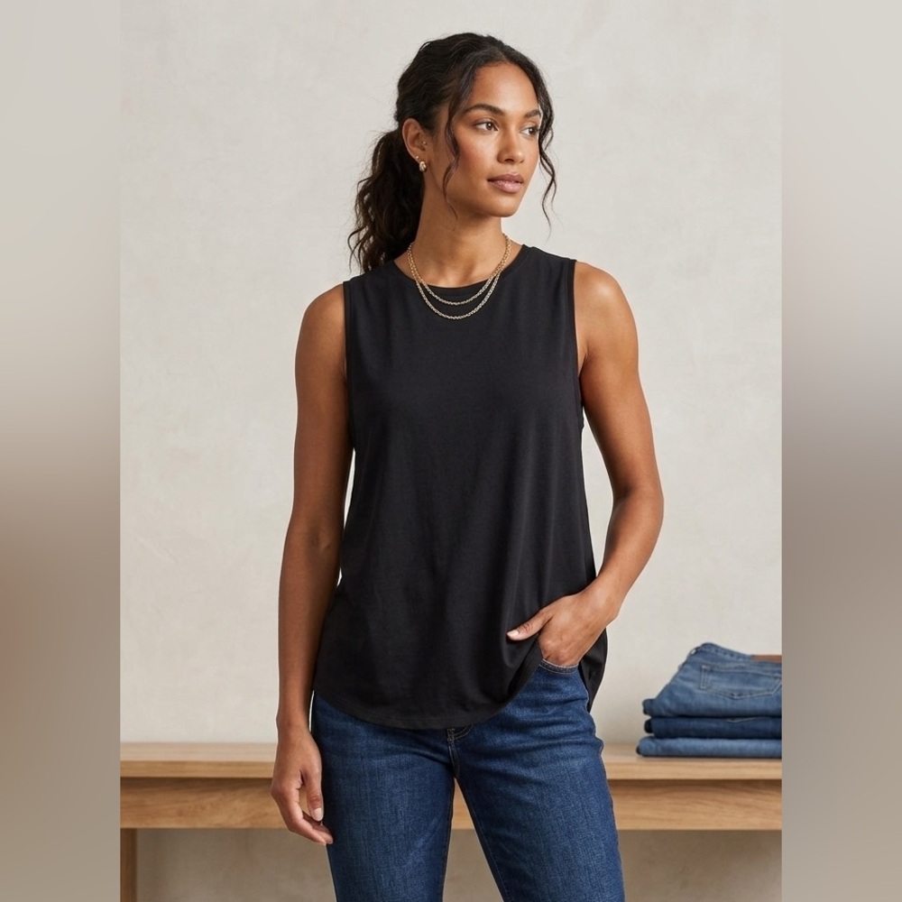 Eileen Fisher Tencel Lyocell Tank Top Split Hem Stretch Size M Black
